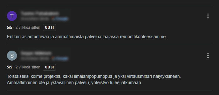 Google-profiilin arvostelut (esimerkki)