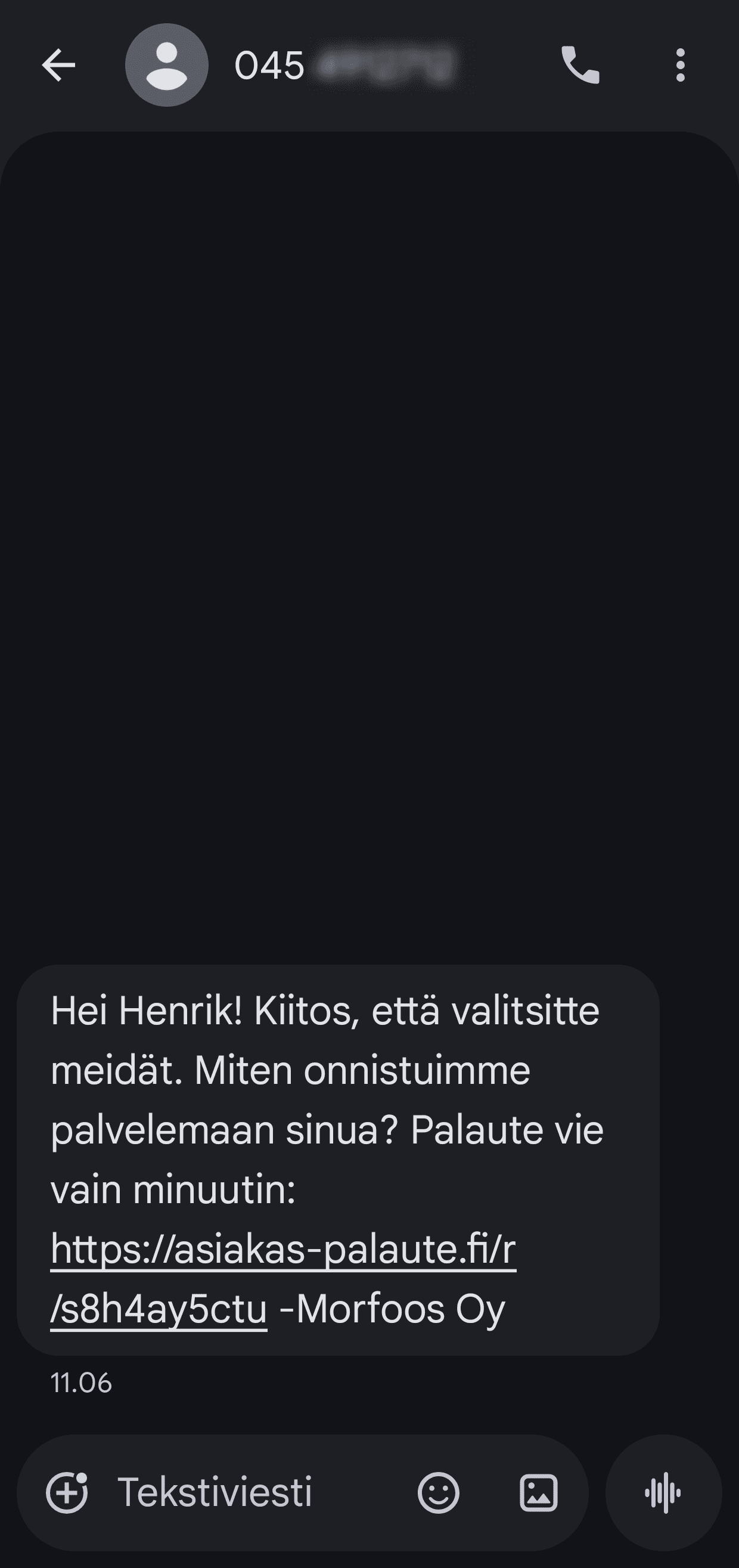 Asiakas saa viestin (SMS)