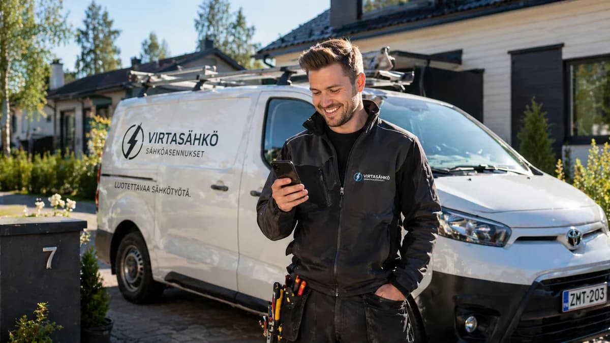 Tyytyväinen sähköasentaja käyttämässä Morfoos-järjestelmää älypuhelimella huoltoauton edessä.