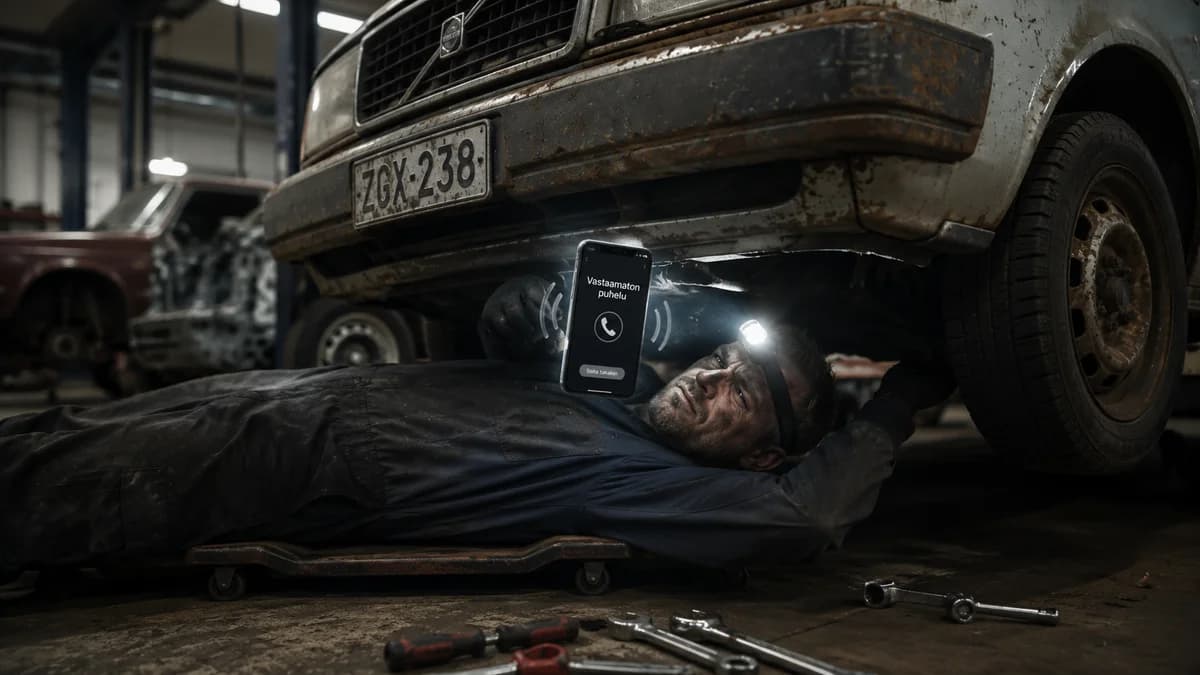 Lähikuva rasvaisesta kädestä, joka pitelee jakoavainta auton alla, mutta on pysähtynyt kuuntelemaan soivaa puhelinta.
