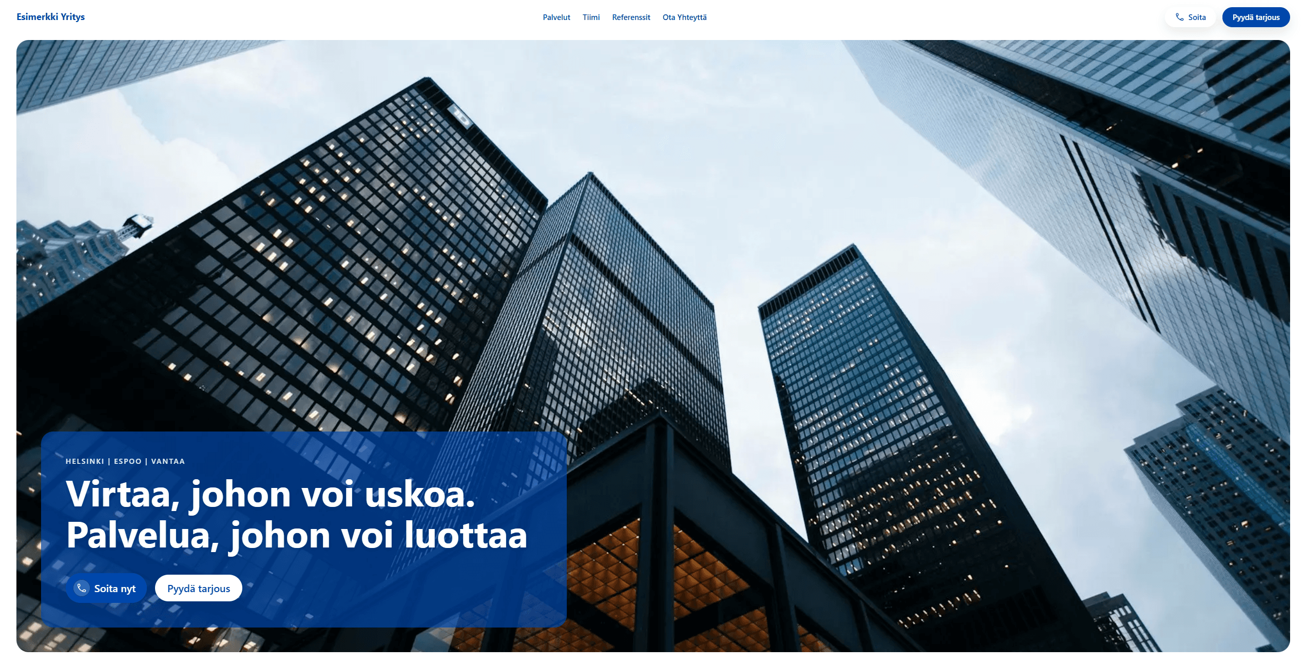 Sähköurakoitsajan verkkosivuston etusivu tarjouspyyntöön ohjaavalla hero-osiolla