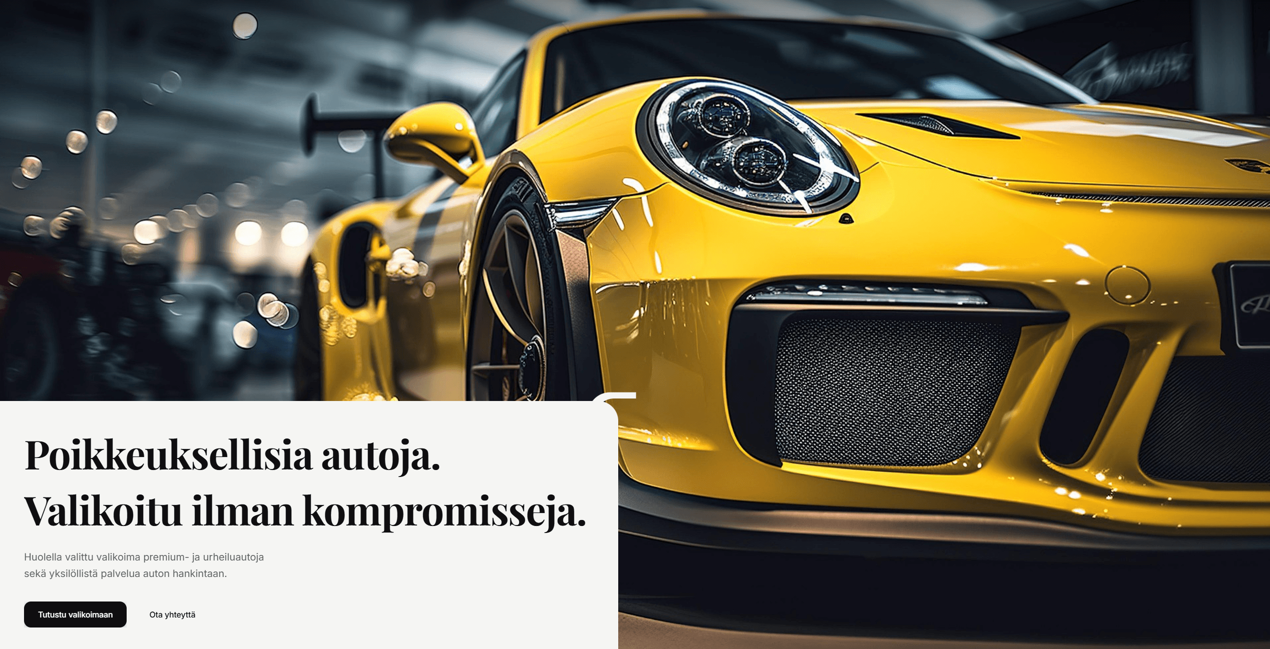 Luksusautojen verkkosivun etusivun hero-osio, jossa esitellään premium-ajoneuvovalikoima ja hakukoneoptimoitu ajoneuvohaku