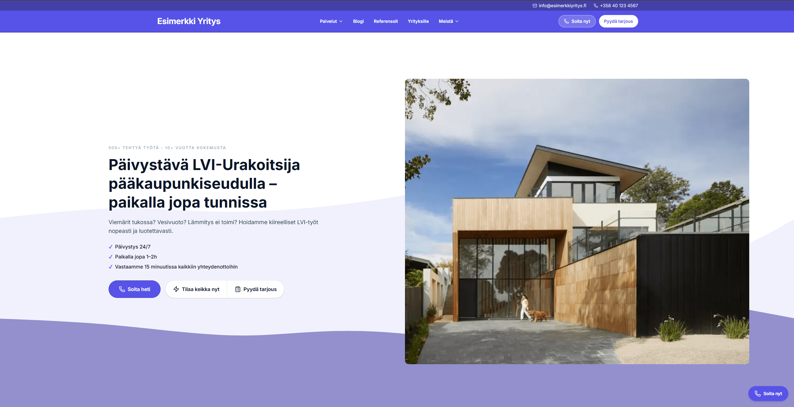 LVI-urakoitsijan verkkosivun hero-osio, jossa esitetään päivystävä palvelu, pääkaupunkiseudun toiminta-alue ja tarjouspyyntöön ohjaava CTA