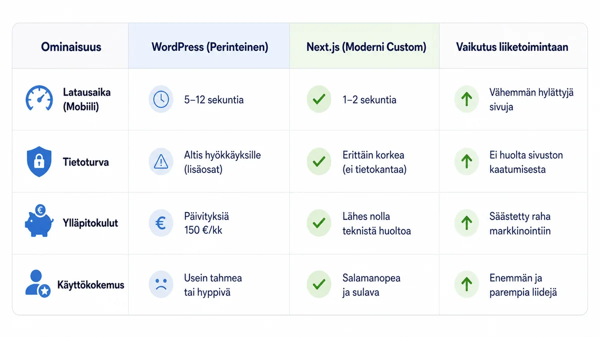 Vertailutaulukko WordPressin ja Next.js-teknologian välillä: latausaika, tietoturva ja ylläpitokulut.