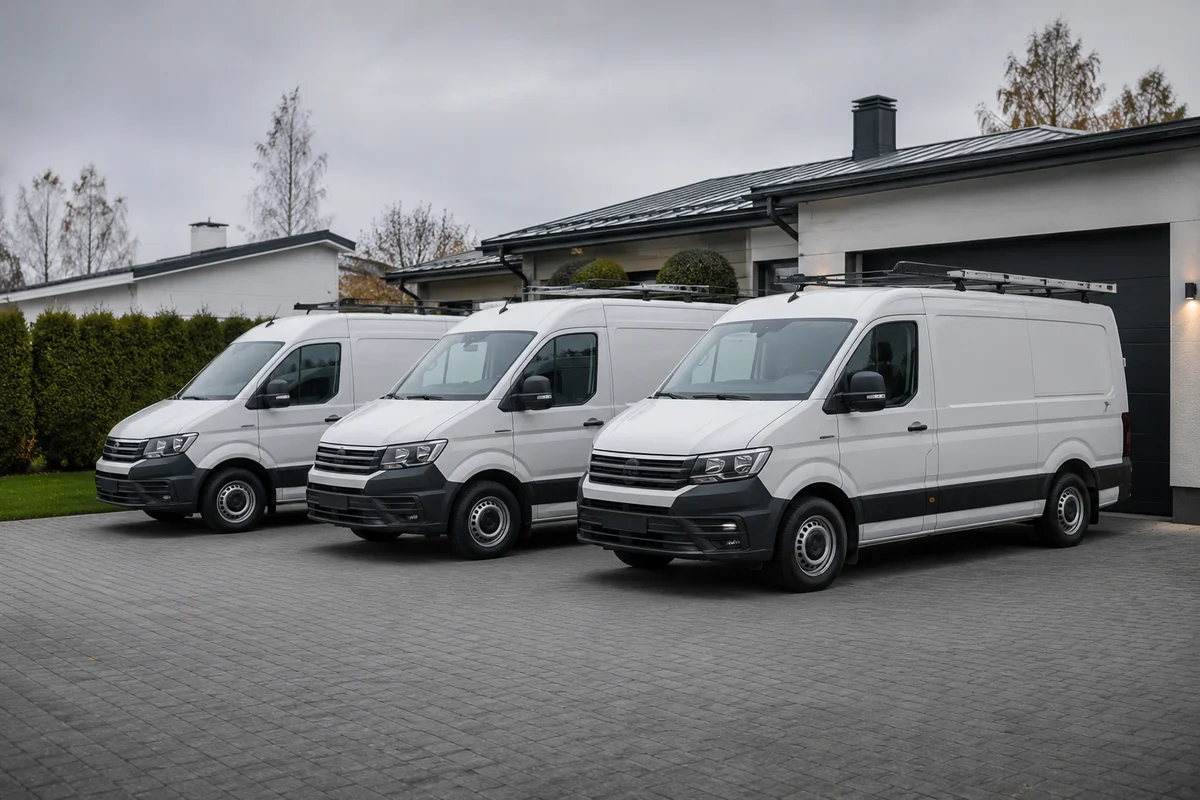 Kolme valkoista huoltoautoa pysäköitynä hiljaisella omakotitalon pihalla, kuvastaen suhdanteiden hiljenemistä.