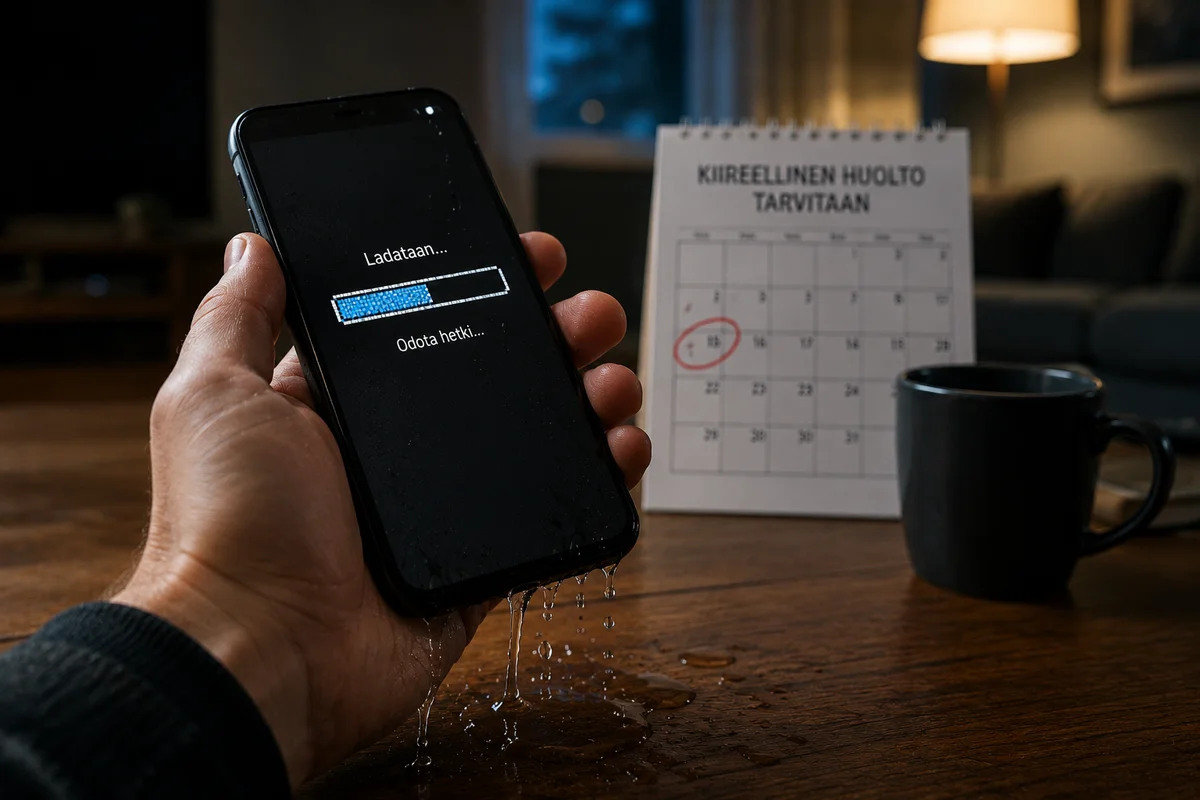 Asiakas pitelee turhautuneena hidasta älypuhelinta, josta visuaalisesti vuotaa vettä sivuille, havainnollistaen hitaan verkkosivun ongelmaa.