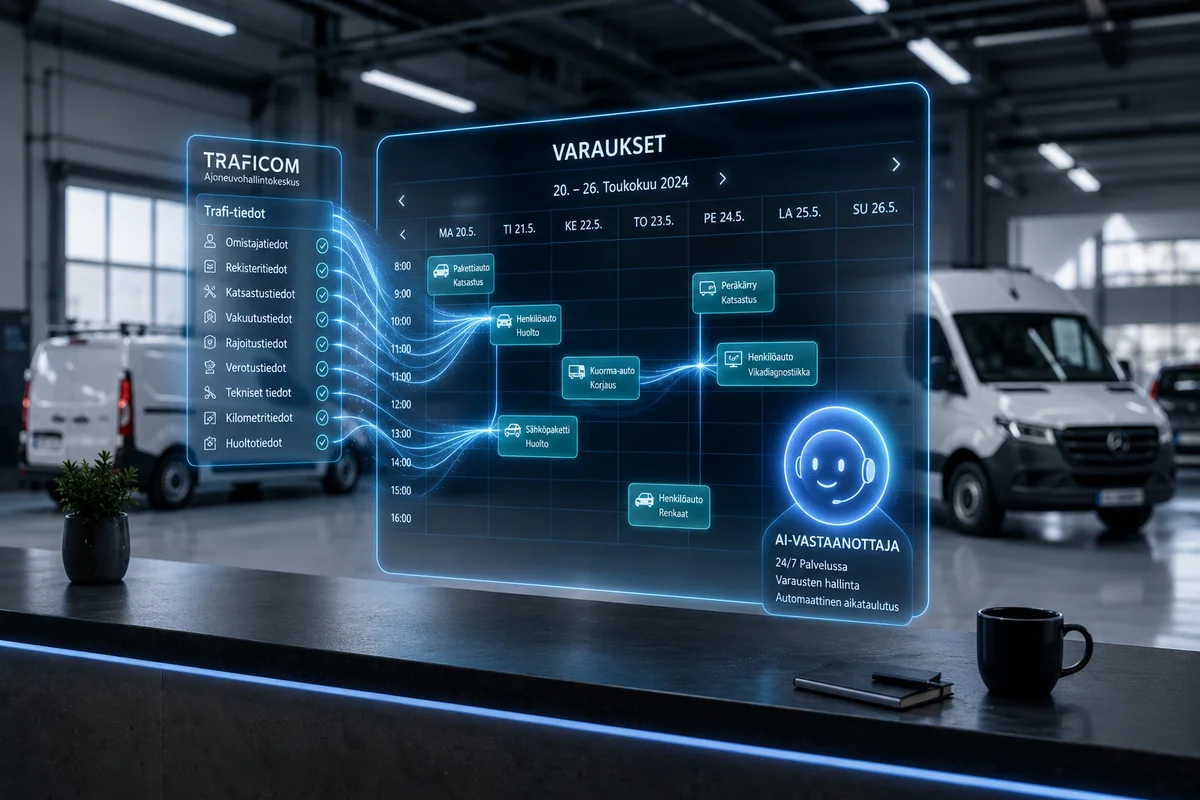 Visuaalinen havainnollistus tekoälyvastaanottajasta, joka järjestää ajanvarauksia suoraan digitaaliseen kalenteriin, automaattisesti hakeen auton tiedot Traficomin tietokannasta.