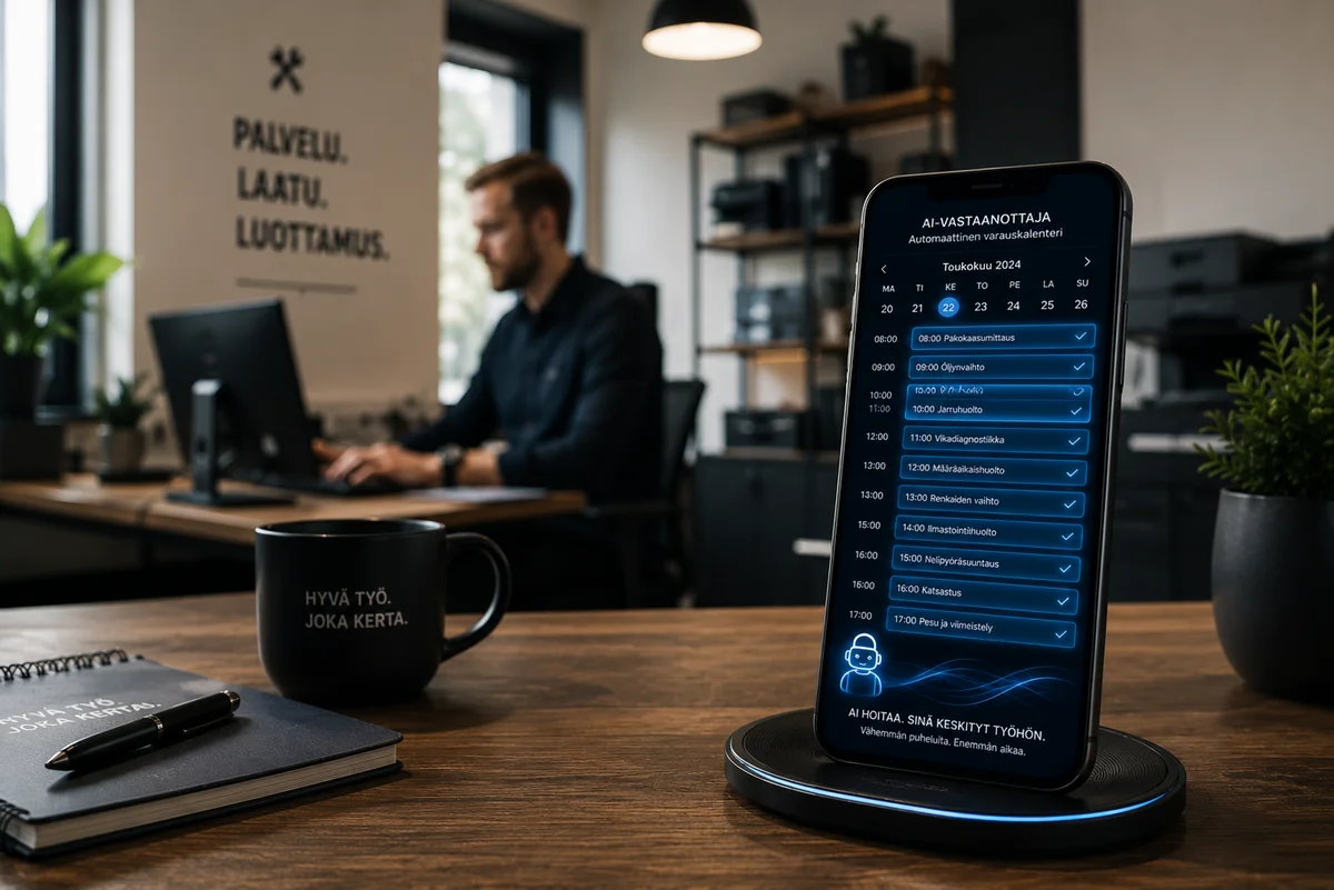 Älypuhelin työpöydällä näyttää automaattisesti päivittyvää digitaalista kalenteria, kun taustalla yrittäjä työskentelee rauhallisessa ja modernissa toimistoympäristössä.